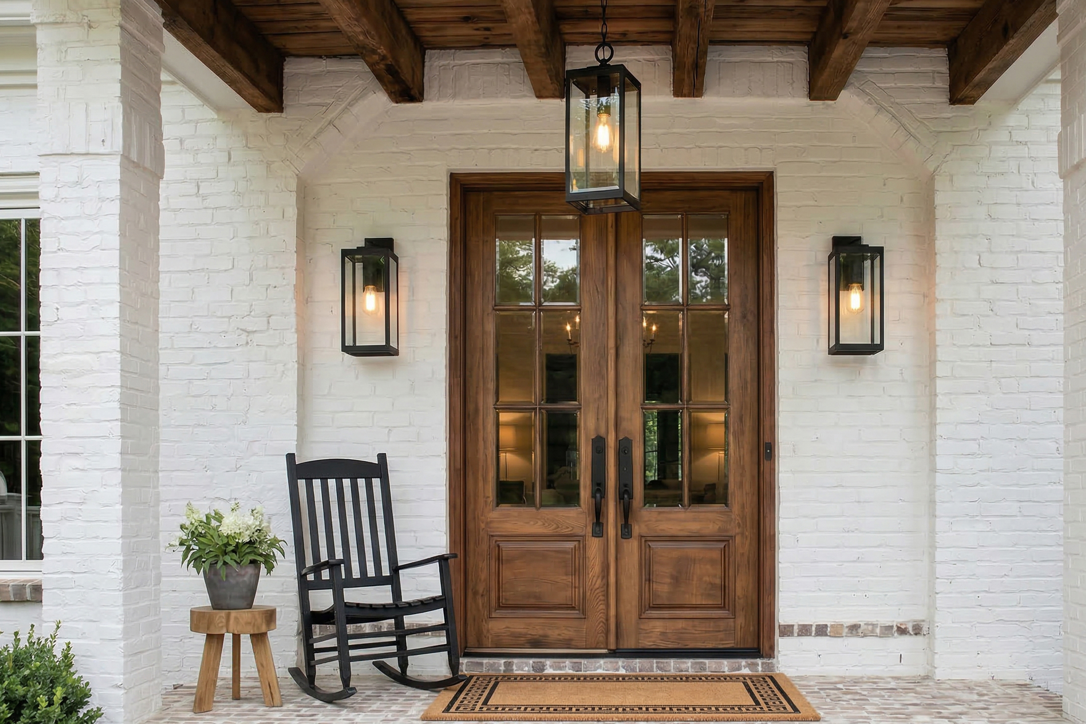 Matte black outdoor wall lanterns and hanging lantern with clear glass installed on white brick front entry with wood double doors